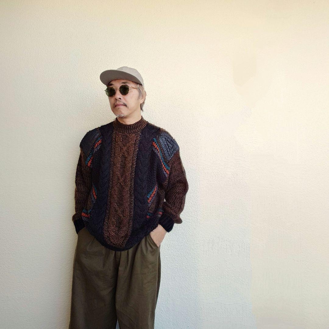 Used Leather Patch Knit 古着 ユーズド レザーパッチ デザイン ニット セーター L相当
