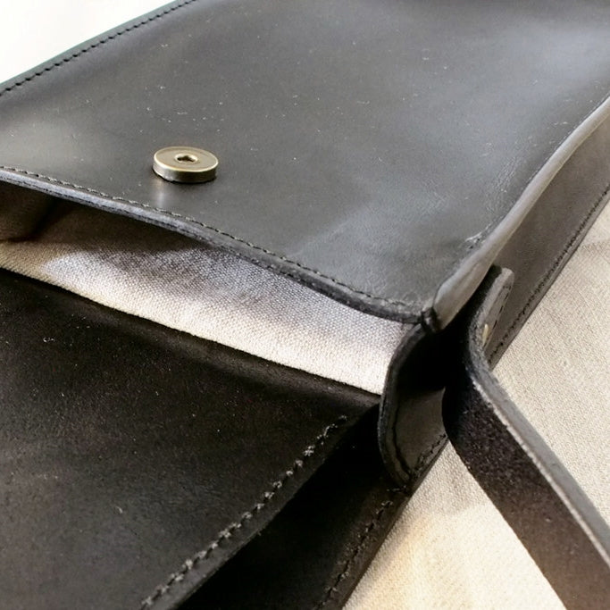 TAHOE LEATHER BOX BAG Blacksteer hide CANVAS LINEN