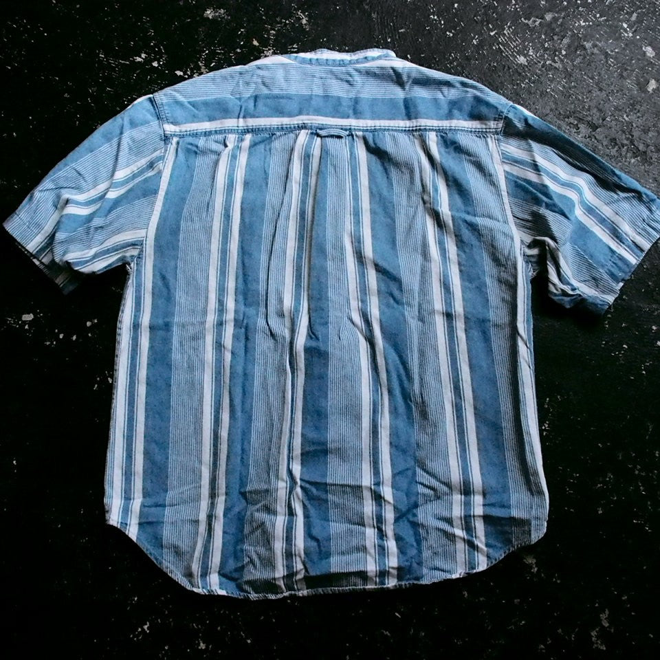 indigo stripe band shirts デニム ノーカラーシャツ