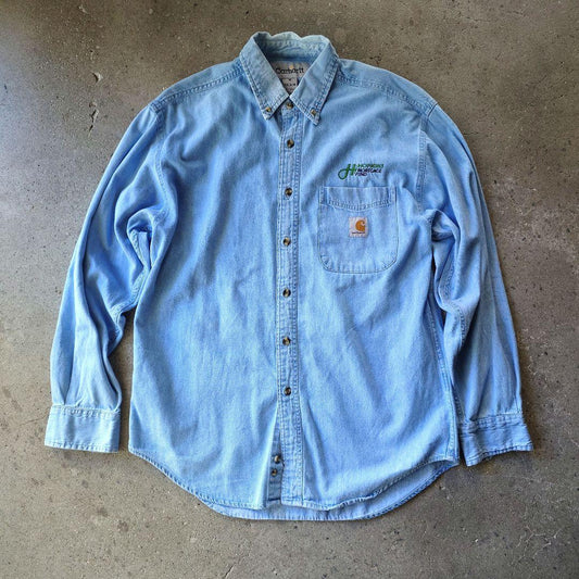 carhartt denim work shirts logo カーハート　ユーズド　デニム　ワンポイントロゴ　　シャツ　M