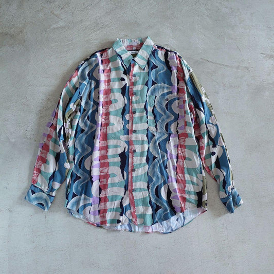 used rayon pattern shirts M　古着レーヨン　総柄　長袖シャツ