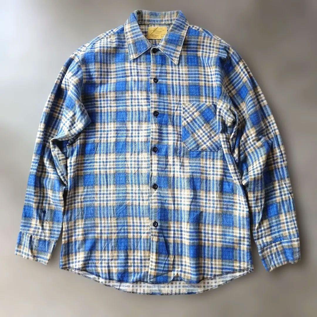 70s SEARS print flannel shirts blue 15-15 1/2