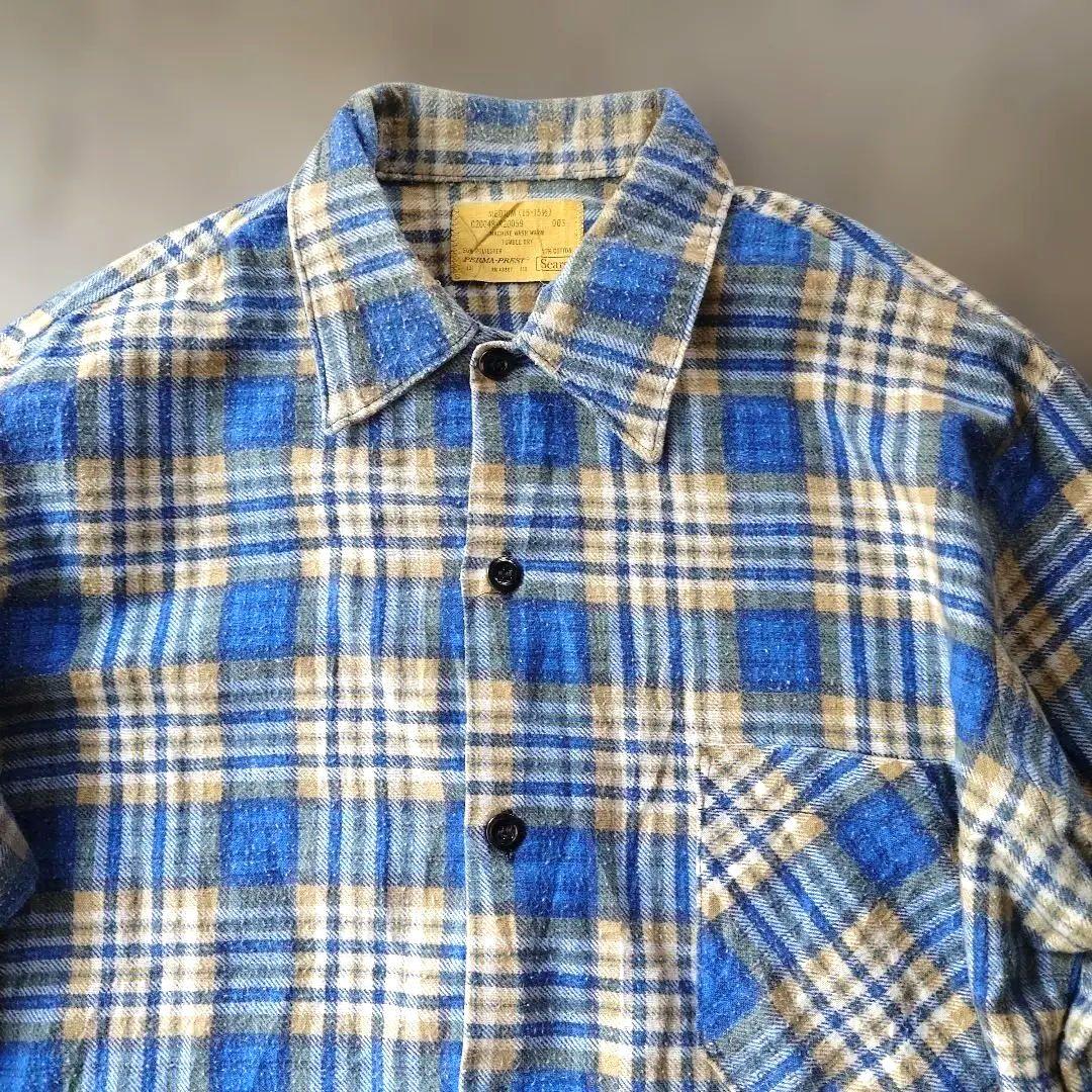 70s SEARS print flannel shirts blue 15-15 1/2