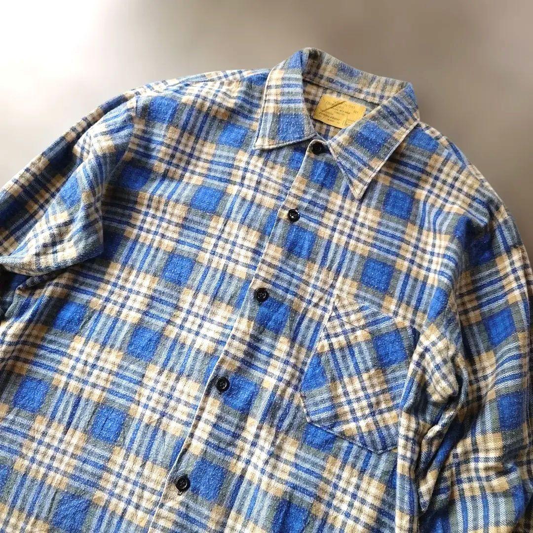 70s SEARS print flannel shirts blue 15-15 1/2