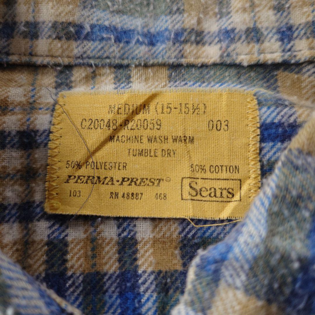 70s SEARS print flannel shirts blue 15-15 1/2