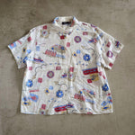 画像をギャラリービューアに読み込む, 古着　Used aloha shirts アメリカ製　ビーチ柄　オープンカラーシャツ　アロハシャツ　L相当
