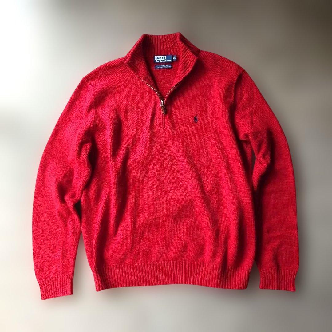 90s poloralphlauren half zip cotton knit red XL