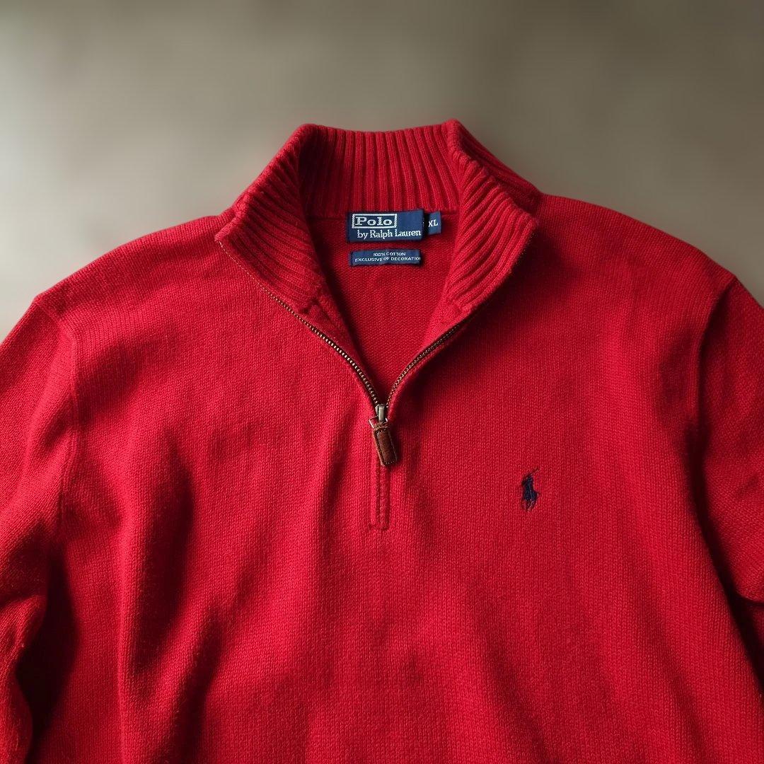 90s poloralphlauren half zip cotton knit red XL