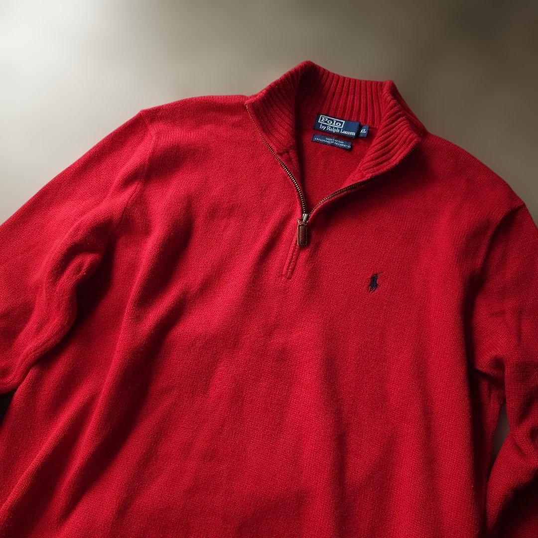 90s poloralphlauren half zip cotton knit red XL