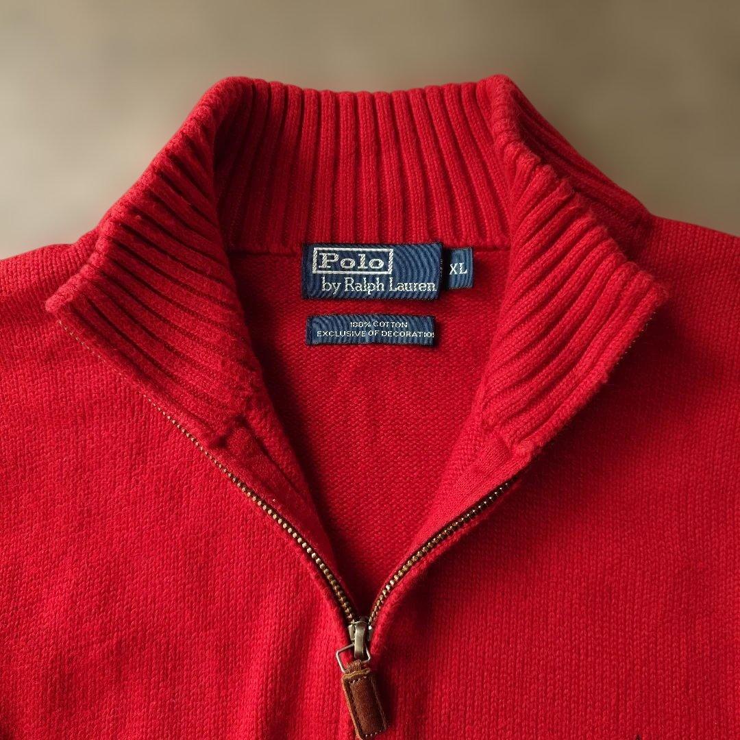 90s poloralphlauren half zip cotton knit red XL