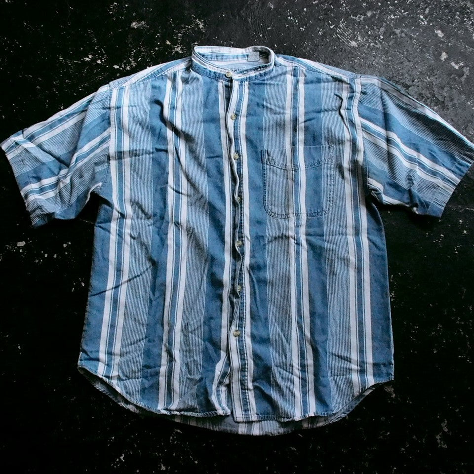 indigo stripe band shirts デニム　ノーカラーシャツ