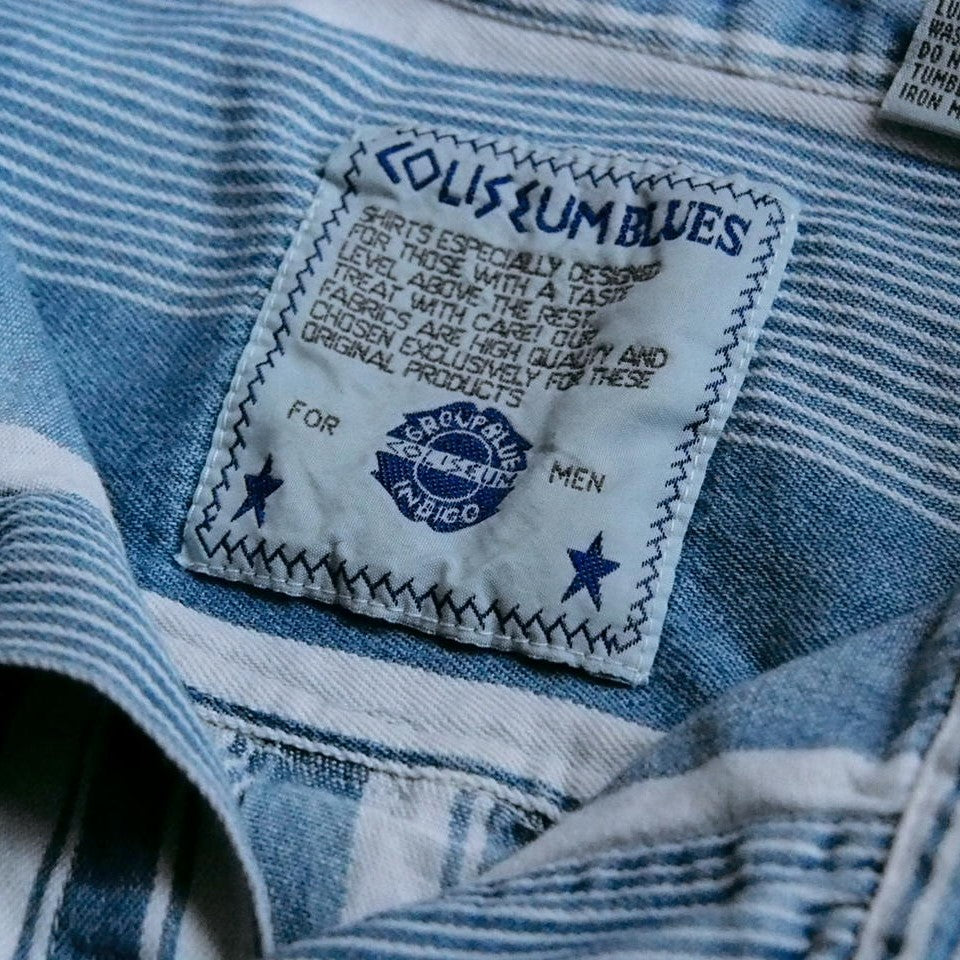 indigo stripe band shirts デニム　ノーカラーシャツ