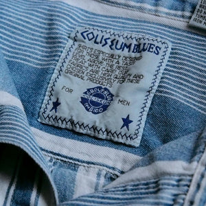 indigo stripe band shirts デニム　ノーカラーシャツ
